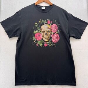 Skull Floral Graphic T-Shirt Roses Flowers Print Top Gildan Large Concert Casual